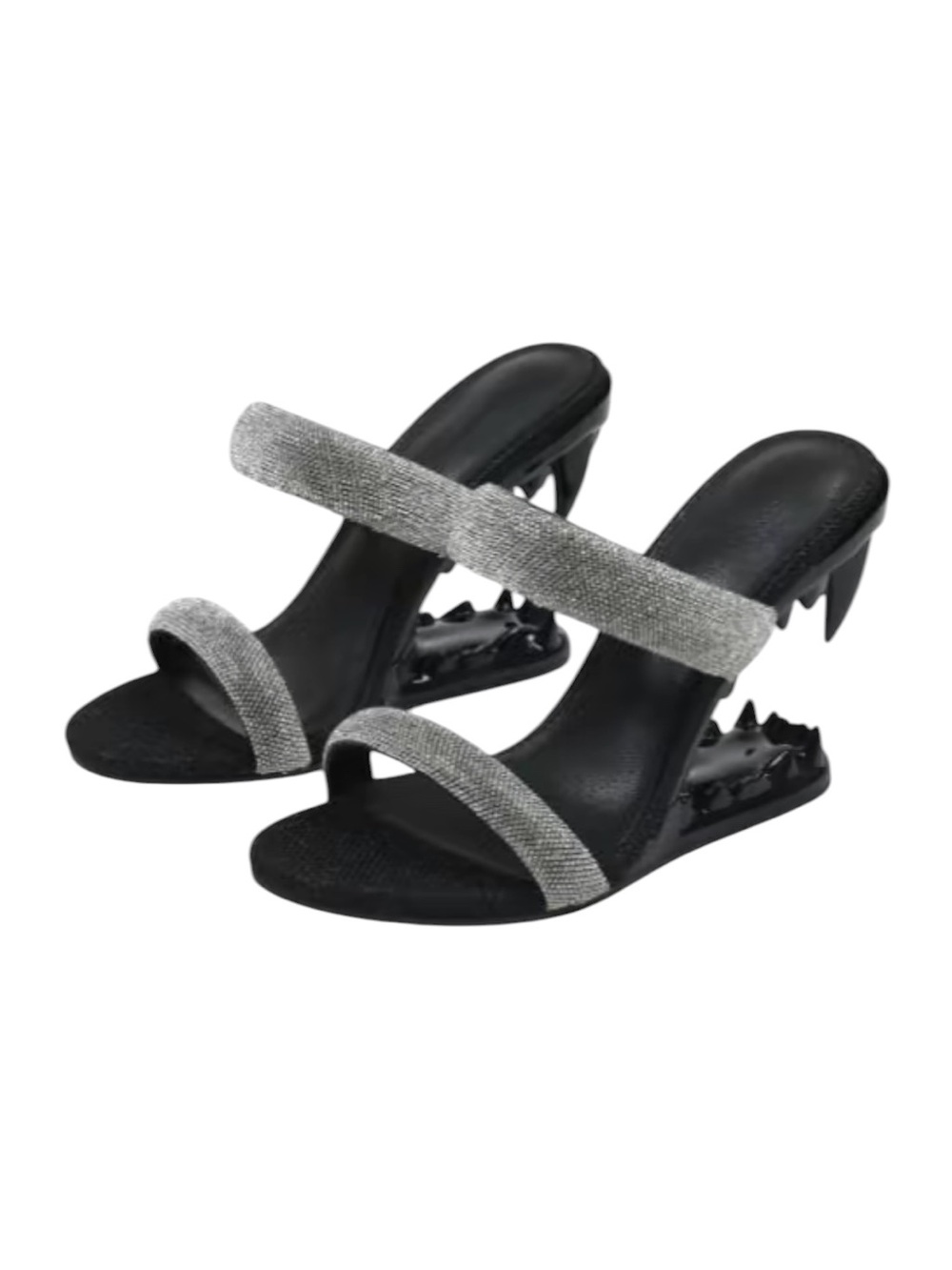 Crystal-Embellished Black Shark Teeth Heels